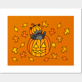 Cartoon Halloween Cat in Jack o Lantern Pumpkin with Fall Leaves, made by EndlessEmporium Posters and Art